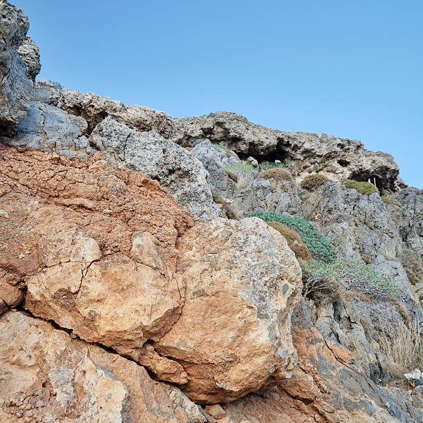 Crete Greece presents a dramatic Mediterranean coastline with rugged stone formations, earthy tones, and sparse greenery under a clear blue sky. The scene captures the raw beauty of natural rock textures and geological layers, evoking adventure and outdoors exploration in Greece.