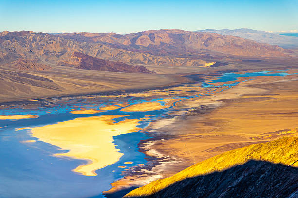 Panoramic aerial golden sunrise view of Death Valley from Dante View viewpoint California