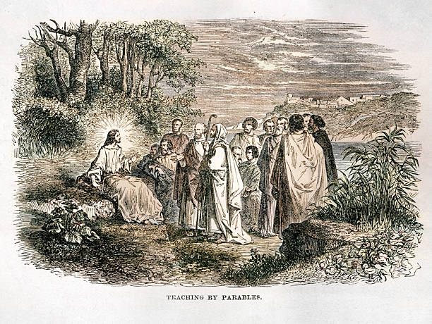 Vintage engraving depicting Jesus teaching by parables to a group of followers in a pastoral landscape setting. This detailed 19th-century biblical illustration shows Christ seated with a radiant halo, speaking to disciples and villagers near a riverbank, surrounded by trees and distant buildings. Teaching by parables refers to Jesus’ use of simple stories drawn from everyday life to convey deeper spiritual truths about faith, morality, forgiveness, and the Kingdom of God. The historical biblical artwork reflects traditional Christian iconography and religious storytelling, making it suitable for themes related to Christianity, scripture, gospel teachings, spiritual instruction, and biblical history.