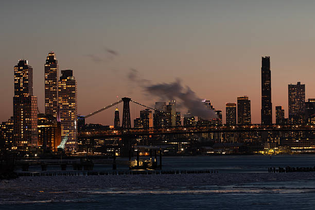 Brooklyn skyline and East River ice floe during winter
