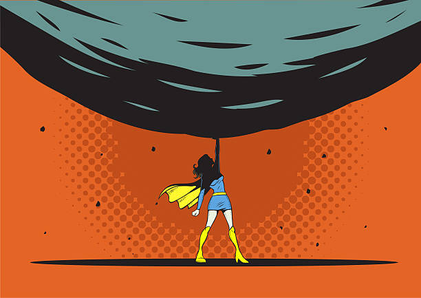 A retro pop art style vector illustration of a female superhero lifts a big rock with one hand. Easy to pick and edit. Wide space available for your copy. 100% human drawn, no generative AI.