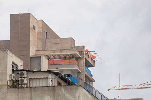 The facade of an abandoned Soviet-era sanatorium