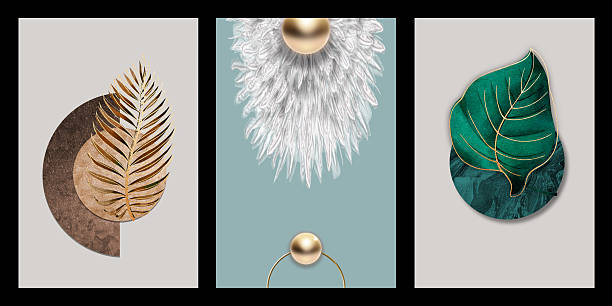 Luxury Modern Botanical Abstract Triptych Wall Art Set Featuring Golden Palm Leaf, Green Tropical Foliage, and Minimalist White Floral Burst with Gold Spheres on Neutral Backdrops - Elegant Decorative Design for Contemporary Home Interior Decor and High-End Canvas Prints