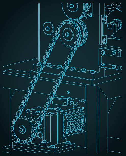 Industrial machine. Chain drive from an electric motor to a transmission isometric  blueprint stylized vector illustration