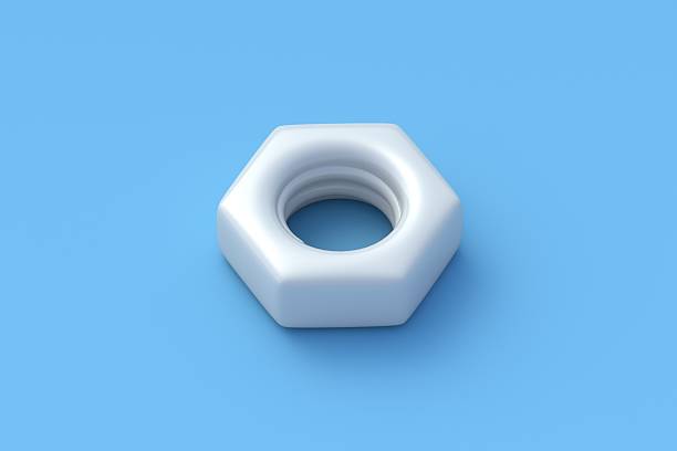 Metal nut on blue background. Mechanical supplies. Tool for construction. 3d render