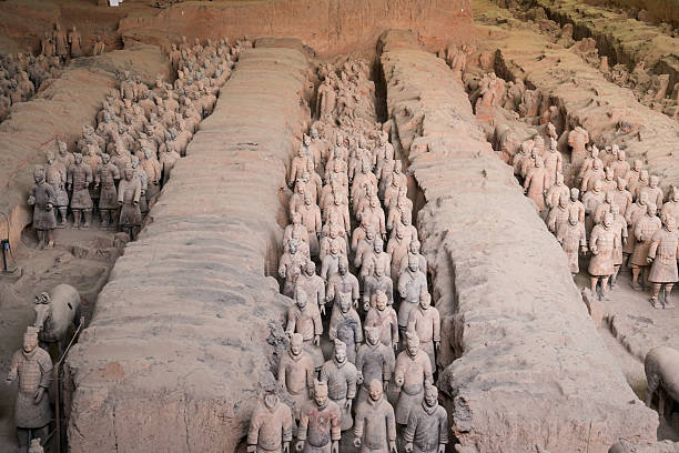 Historic terracotta warriors standing in rows inside the famous Terracotta Army archaeological complex in Xi’an.