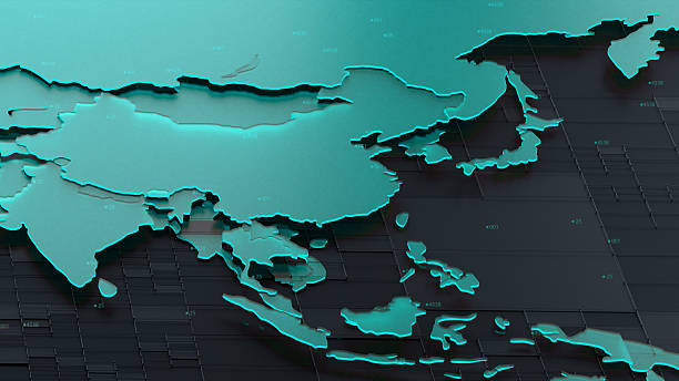 Turquoise 3D Digital Asia World Map, on Dark Tech Grid Representing Global Data and Cyber Security