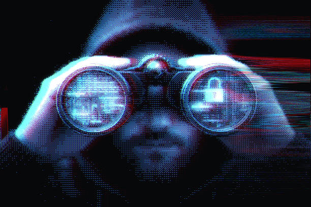Anonymous hooded figure looking through binoculars with a glowing padlock and digital interface reflected in the lenses. The bold blue neon halftone texture and high-contrast black background create a retro-tech, cyberpunk mood that emphasizes surveillance, hacking, and data protection. Ideal for cybersecurity articles, IT security campaigns, fintech content, and online privacy awareness visuals.