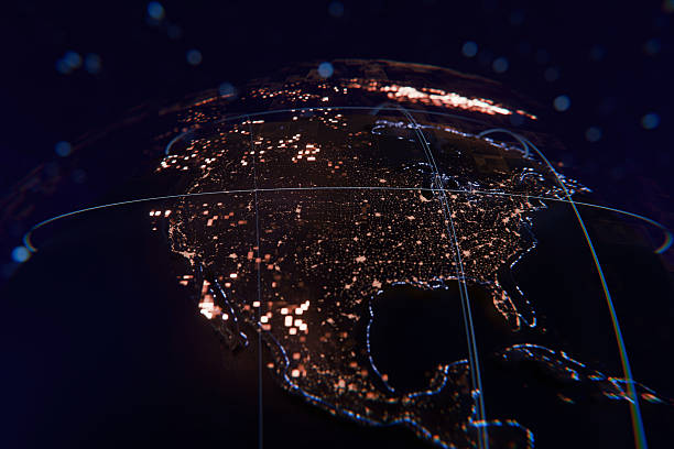 istock Futuristic North America at night, featuring glowing city lights and digital data lines. High-tech global network concept with a dark cinematic aesthetic for business and technology. 2261624294
