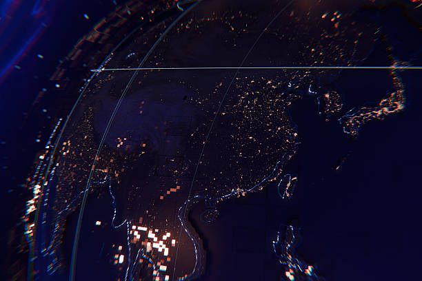 Futuristic 3D Earth at night with glowing city lights and digital data networks. Cinematic visualization of global connectivity, big data, and satellite technology across continents. 4K render.