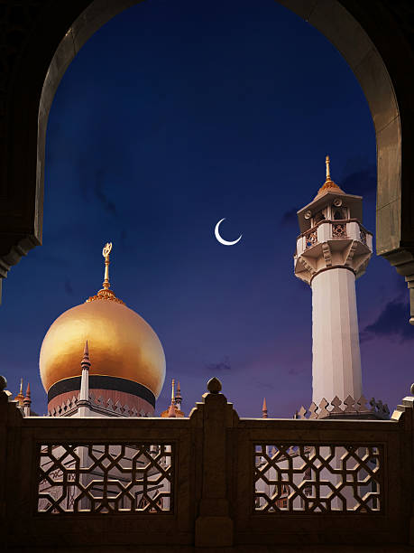 Islamic Mosque with crescent moon. Ramadan or Eid Islamic background concept.