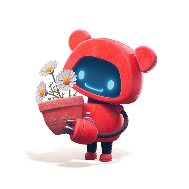 Friendly positive little red robot with glowing blue smiling face on the screen, bear ears holds a clay pot with chamomile. Robotic toy, eyes. Nature lover robot. 3d render isolated on white backdrop.