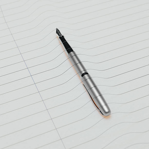 Surreal CGI of a fountain pen resting on ruled notebook paper where the ink lines lift off the page into smooth waves, suggesting disconnection between intention and result, broken communication, and ideas slipping out of control, with background and copy space.