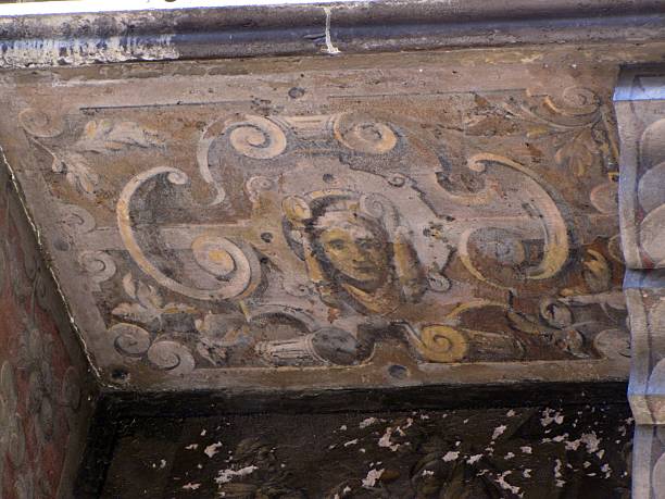 Telephoto close-ups of five Renaissance murals on the facade of Maison Pfister, depicting Germanic emperors, the Four Evangelists, biblical scenes, church fathers and allegorical figures. Vibrant earthy colors highlight intricate Renaissance fresco decoration, 03 Mart 2011