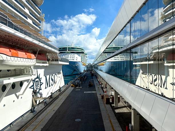 Miami, Florida, United States of America - January 5, 2026: Large cruise ships are docked at a modern port terminal, with a gangway reflecting a ship and the blue sky, workers busy on the pier preparing for departures