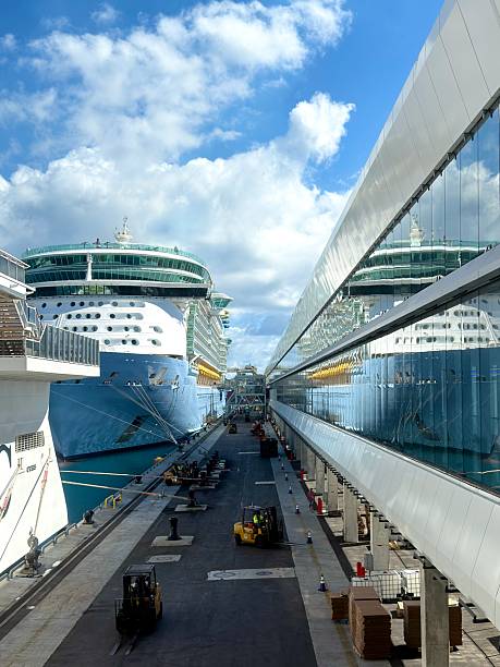 Miami, Florida, United States of America - January 5, 2026: Two large cruise ships dock at a modern cruise terminal in PortMiami on E Port Blvd, reflecting bright blue skies and white clouds, symbolizing global travel and tourism