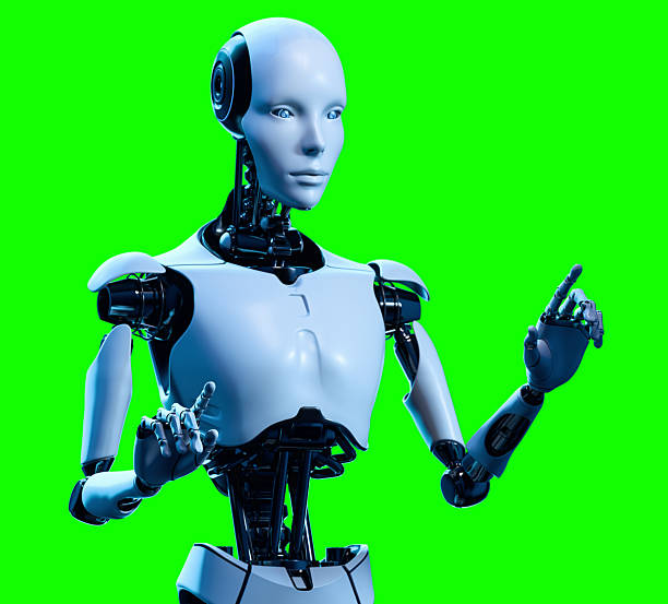 Cyborg Robot Isolated on Green Chroma key Background.