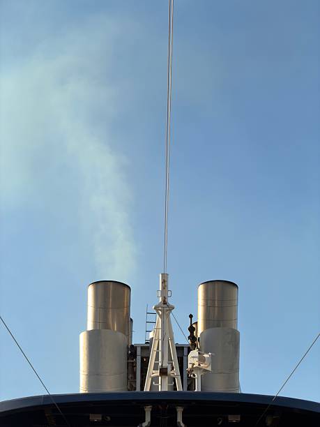 North Sea, Netherlands - August 5, 2018: Exhaust gases flow from the funnel of the cruise ship AIDAperla