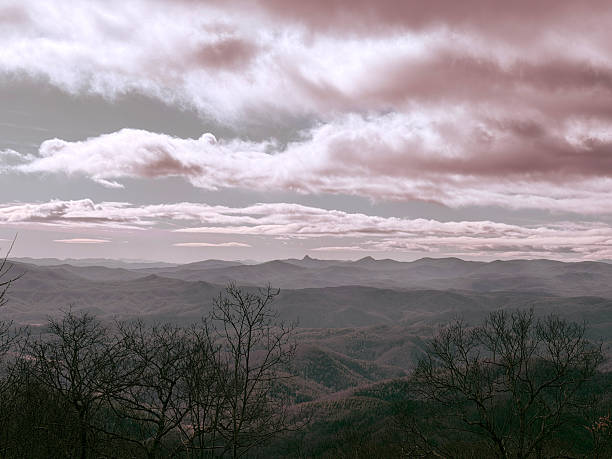 Bare branches of winter in the foreground, and Smoky Mountains Vista as far as anyone can see. Cloud Scape Putting on a New Year's Eve show. Blowing Rock NC 2025
