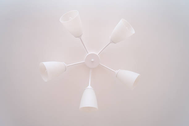 Modern white ceiling light with six lamps. Minimalist design for home decor. Contemporary interior illumination fixture.