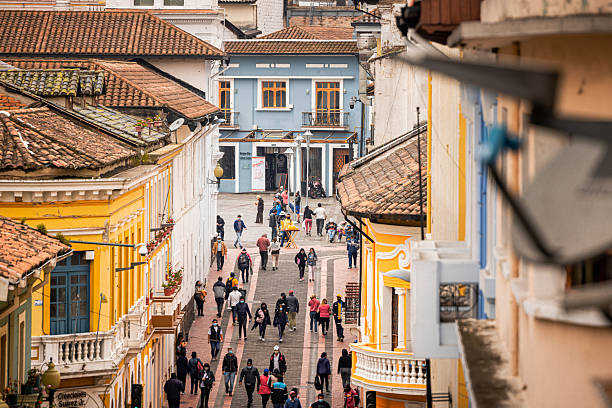 Panoramic view of the city Cuenca at the valley with view of Cathedral of the Immaculate Conception, churches Santo Domingo, Hogar Cristo Rey, San Alfonso and surrounding mountains. Ecuador