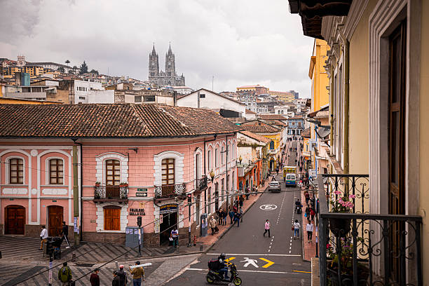 Elevated view of historic centre with colonial buildings, Quito