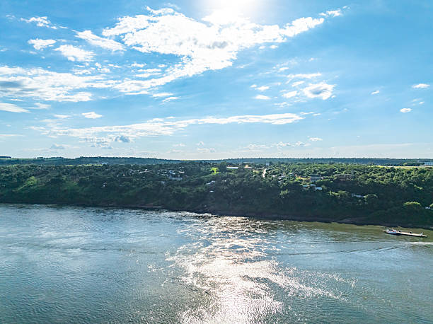 Hito Tres Fronteras - Argentina,Brazil and Paraguay, Intersection of the Paraná and Iguazú rivers.Aerial view of Three Borders Landmark Bridge from Argentina.