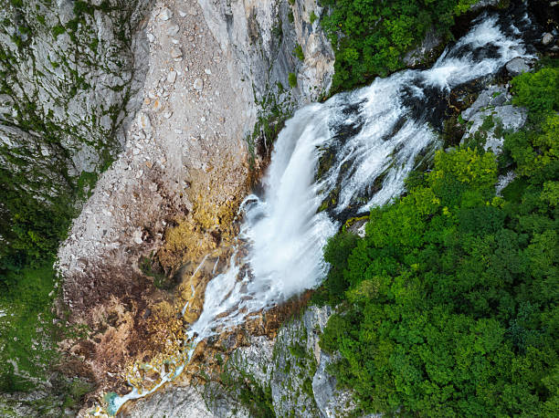Top-down aerial view of Boka Waterfall near Bovec in the Soča Valley, Slovenia.