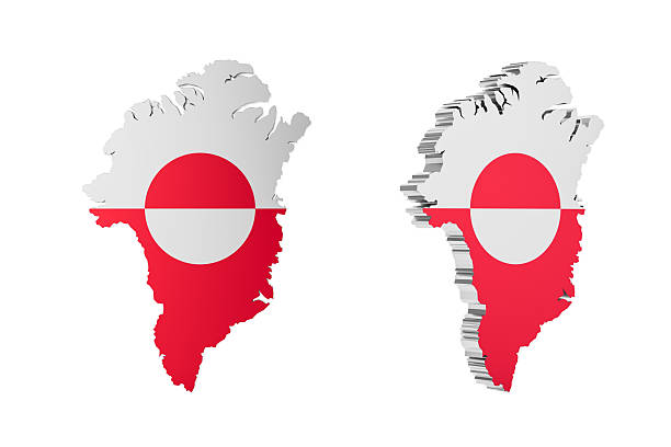 Greenland map in two creative styles, flat and layered 3D Rendering, each filled with the national flag on a white background, concept of geographic identity