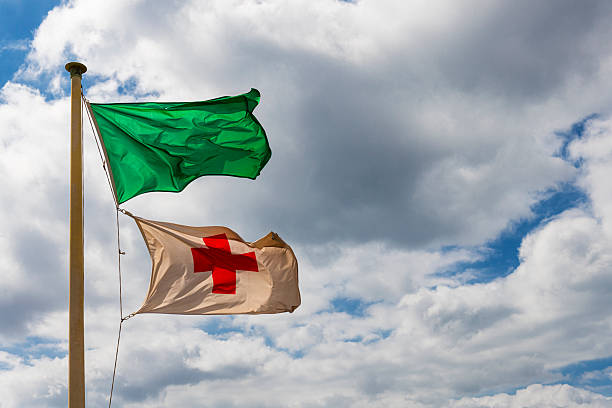 Gran Canaria Island, Spain - 13. October 2026: green beach flag and cruz roja flag