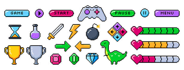 Pixel art 8bit arcade ui buttons, arrows, gaming controller, life bar with hearts. Video game item symbols, interface menu icons vector set. Pixelated winner trophy cups, gemstones, elixir in flask
