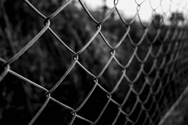 Black-and-white close-up of a chain-link fence with shallow depth of field, diagonal perspective, blurred background