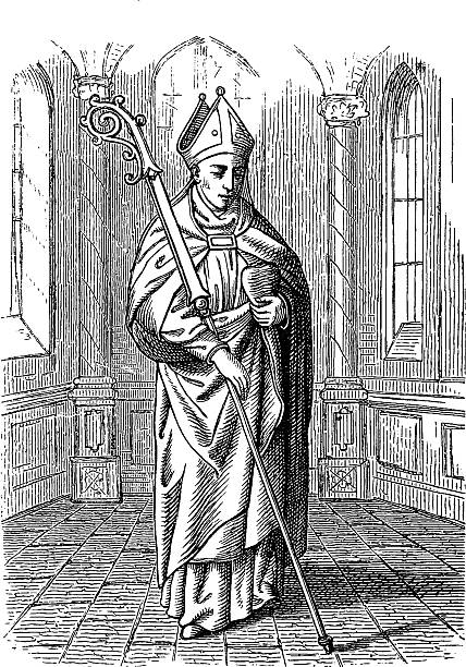 Saint Augustine, bishop in traditional vestments holding a crosier, standing before an intricately detailed cathedral backdrop, old vintage illustration, 1880.