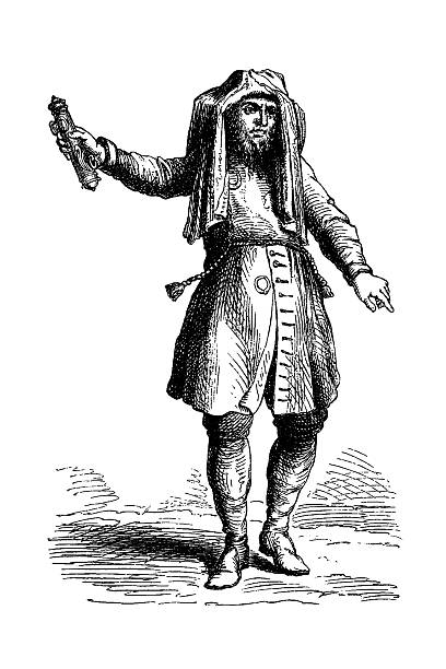 Jewish high master holding a Torah scroll enclosed in Mezazoth, wearing traditional garments including pointed shoes, buttons, and a distinctive hat, old vintage illustration, 1880.