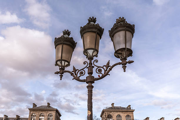 This photograph highlights a classic three-headed Parisian streetlamp, shot from a low angle so the ornate ironwork is silhouetted against a soft, cloud-filled sky in the courtyard of Notre Dame