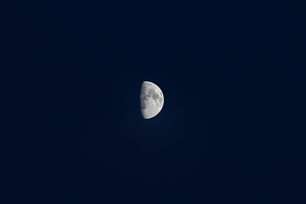 The Moon in its first quarter phase, shining brightly against a deep, dark night sky. The craters and lunar topography are visible on its illuminated right side.