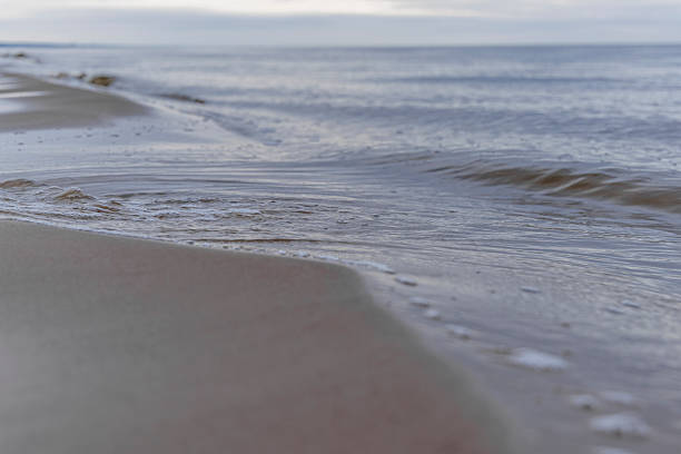 Serene coastal landscape featuring sandy beach textures and soft waves under a cloudy winter sky. Ideal for nature, travel, and environmental themes.