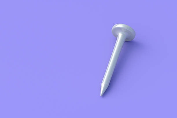 Construction nail on violet background. Industrial tool for repair. Copy space. 3d render