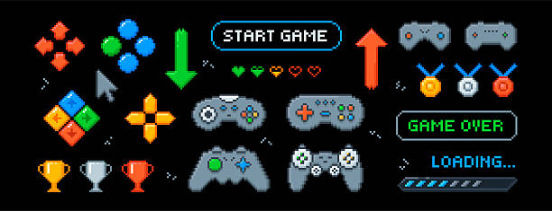Vector set of pixel art arcade ui buttons, arrows, joystick, progress bar, trophies and awards in 8bit retro style. Video console, interface menu icons, game over text. Pixelated heart, medal, gamepad