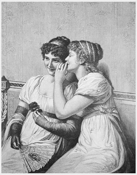 A detailed 19th-century engraving depicts two women in an intimate moment. One woman whispers into the ear of the other, who is seated and holding a fan and a flower. The scene captures the essence of social interaction and secrecy during the Regency era, showcasing the fashion and hairstyles of the time.