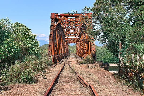 A front view of a metal railway bridge. Broken rails near the old railway bridge.