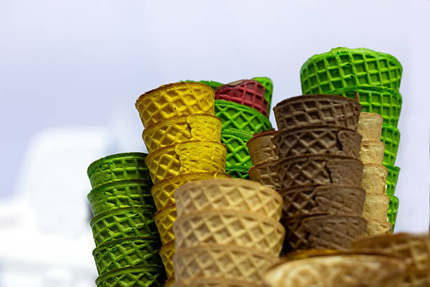 Multicolored taffel cones for filling ice cream. Ice cream cone.