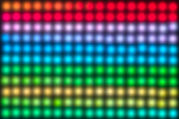 A colorful light display with many different colors. The lights are arranged in a grid pattern. The colors are bright and vibrant, creating a lively and energetic atmosphere.