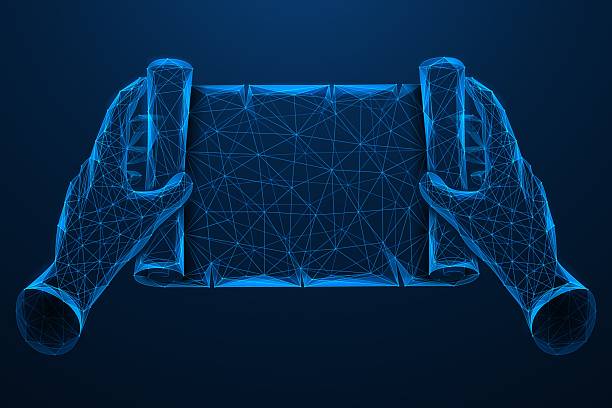 Two hands are holding an unfolded scroll. The concept of information transfer, writing, knowledge preservation and transformation of traditional media into a digital technological environment.