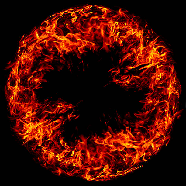 Ring of fire on black background. Burning fire circle with flames. Flame ring isolated on black. Fiery circle with glowing flames overlay. Burning ring of fire effect. Fire sphere. Pupil burning frame