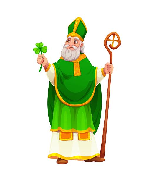 Cartoon Saint Patrick Character. Vector patron Saint of Ireland, dressed in traditional green and gold robes, holding a bishops staff and trefoil shamrock leaf. Legendary Irish Christianity personage