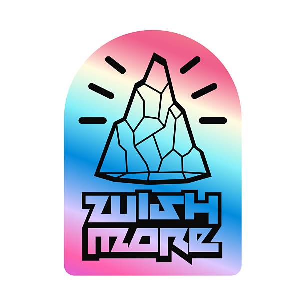 Wish more hologram vintage Y2K sticker or symbol. Gradient chrome holographic Y2K retro sticker, glossy iridescent vector label. Reflective foil patch with iceberg or crystal, abstract typography