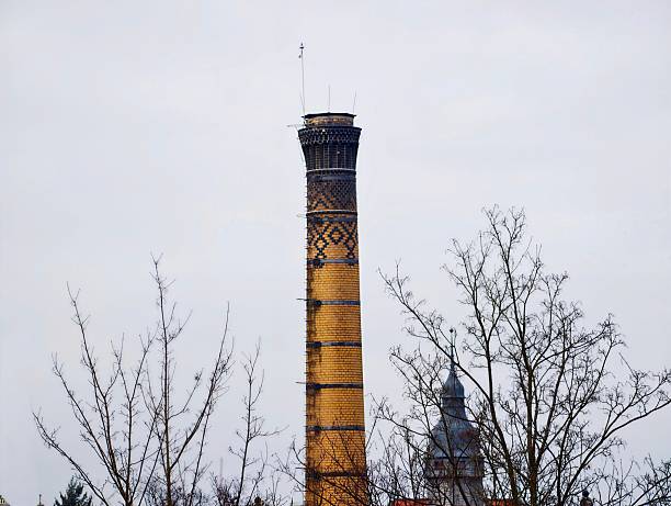 Ornamental smokestack rising above bare trees, yellow patterned bands on weathered brick facade, overcast sky