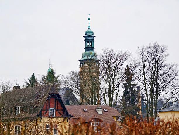 Historic tower above red tiled roofs, framed by leafless trees and overcast sky, stone masonry and clockface