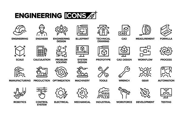 ilustraciones, imágenes clip art, dibujos animados e iconos de stock de conjunto de iconos de línea de ingeniería. grupo de objetos. - ingeniería